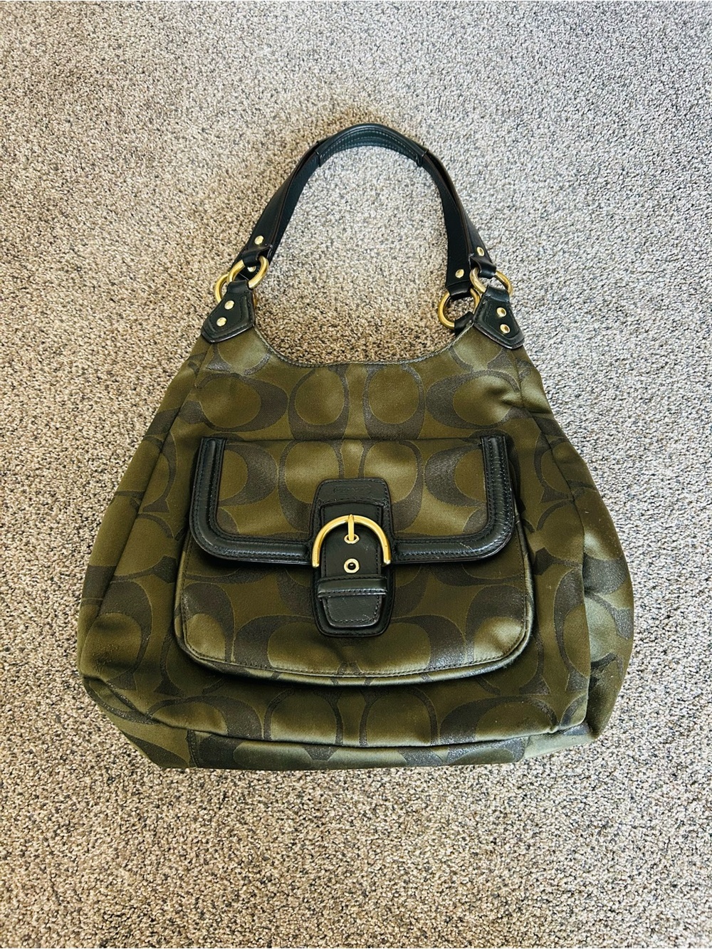 Coach Olive Green Signature Shoulder Bag with Black and Gold Trim